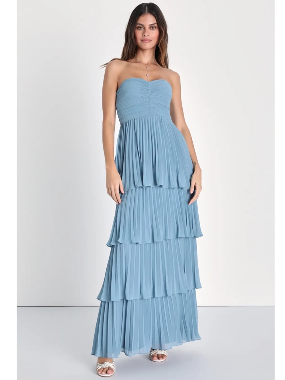 Lulus Seriously Sensational Blue Strapless Tiered Pleated Maxi Dress NWT Medium - Picture 3 of 13
